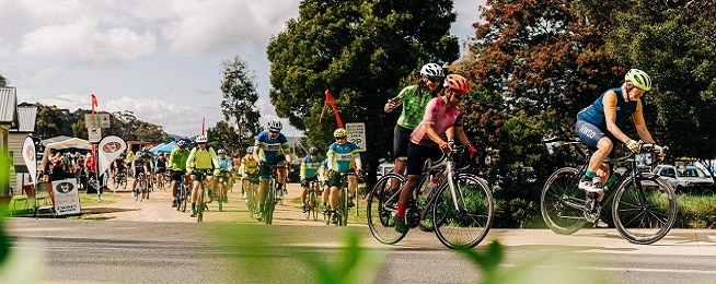 A group of riders coming out of a driveway and turning left, with mature trees and banners flanking the driveway.