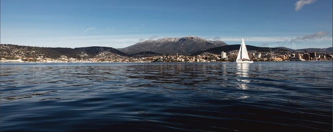 view of kunanyi/Mt Wellington from the middle of the River Derwent