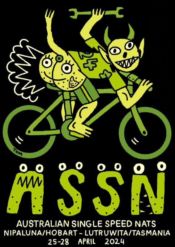 Drawing in green and yellow on black by artist Tom O'Hern of a devil on a bicycle with ASSN written underneath and details of the Single Speed National champs.