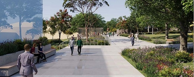 Artists impression of a wide path through parkland style garden with people walking on the path.