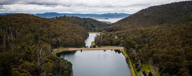 Aerial image of the Waterworks Reserve showing the upper and lower reservoirs.